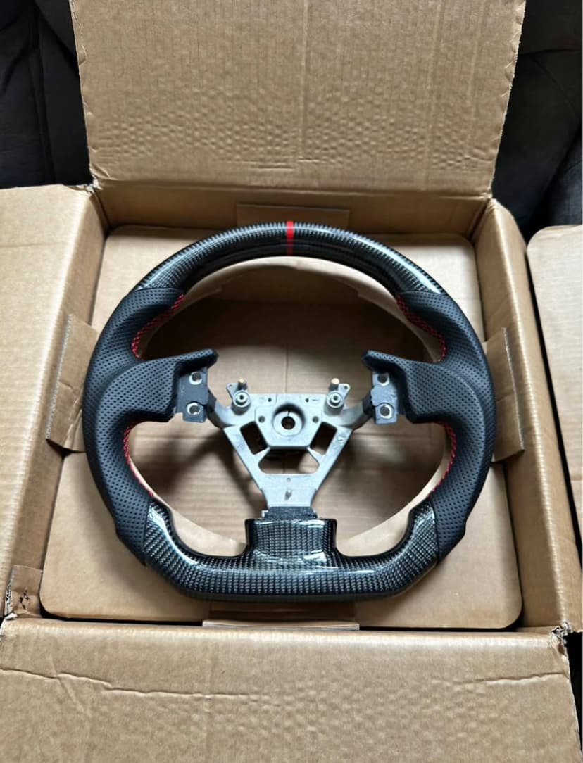 Carbon Fiber Steering Wheel w/ Red Stripe | 2003-2007 G35 V35 Coupe Sedan | 3K Gloss Carbon & Leather | D-Shaped Flat Bottom | OEM Core Retrofit