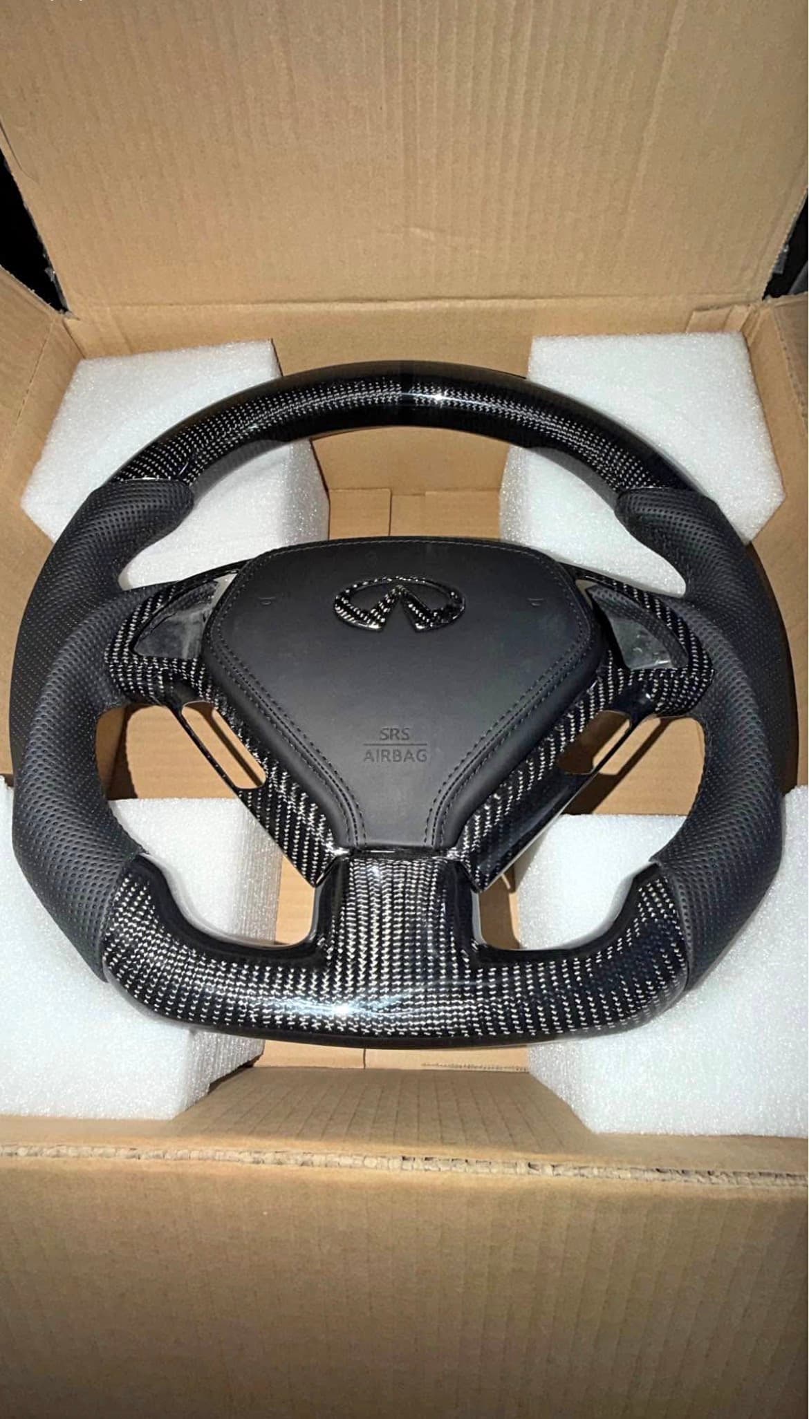 G37/G35 Carbon Fiber Steering Wheel | 3K Glossy & Leather | 2003-2013 V35/V36 Coupe Sedan | D-Shaped Flat Bottom | OEM Core Sport Upgrade